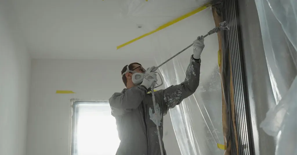 Peintre en micro-entreprise sur un chantier, rouleau à la main