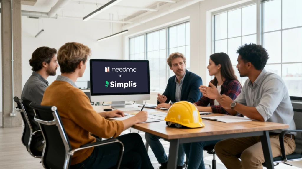 Micro-entrepreneurs de secteurs différents réunis dans un bureau moderne, avec à l’écran le partenariat d’assurance RC Pro Simplis x NeedMe.