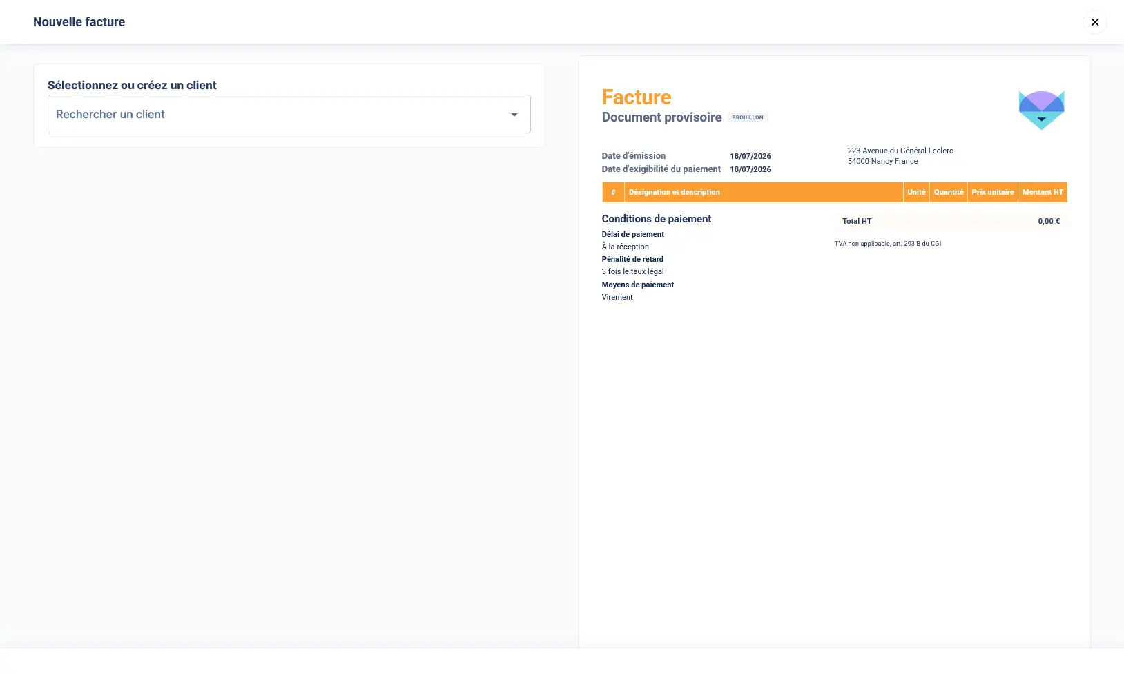 Interface et menu de création de facture sur le logiciel Abby